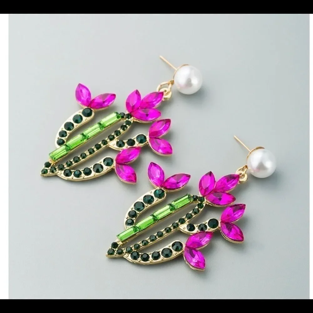 Earrings Cactus Faux Pearls Rhinestone Zinc Alloy